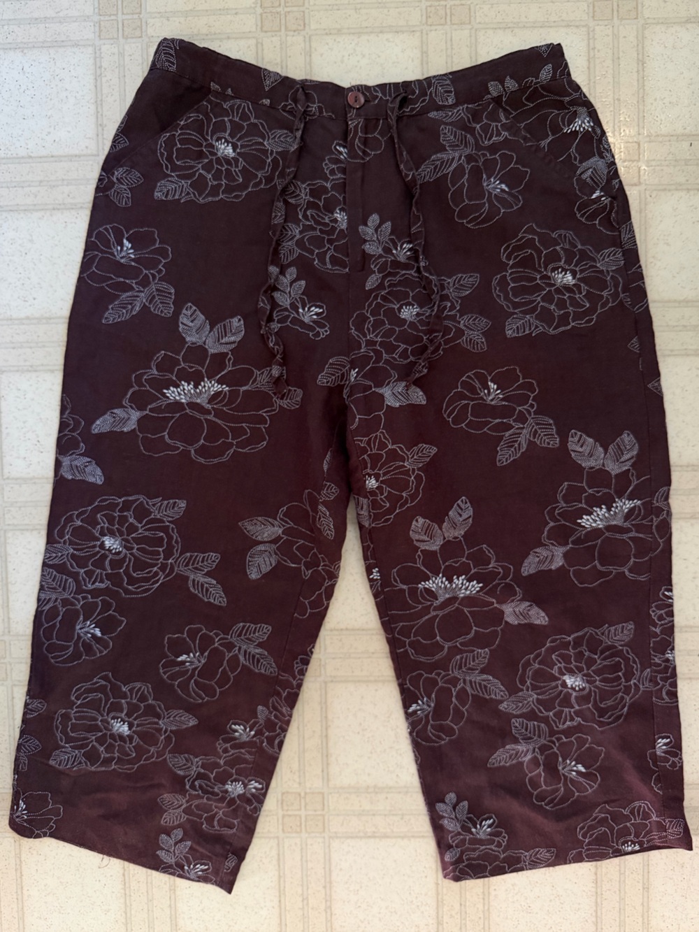 Vintage Dina K Chocolate Brown Floral Wide Leg Capri Pants M Medium
